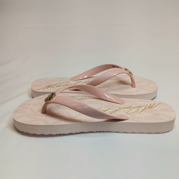Michael Kors Size 6 Jet Set Signature Flip Flops Pink/White/Gold Logo NWOT - Picture 8 of 11
